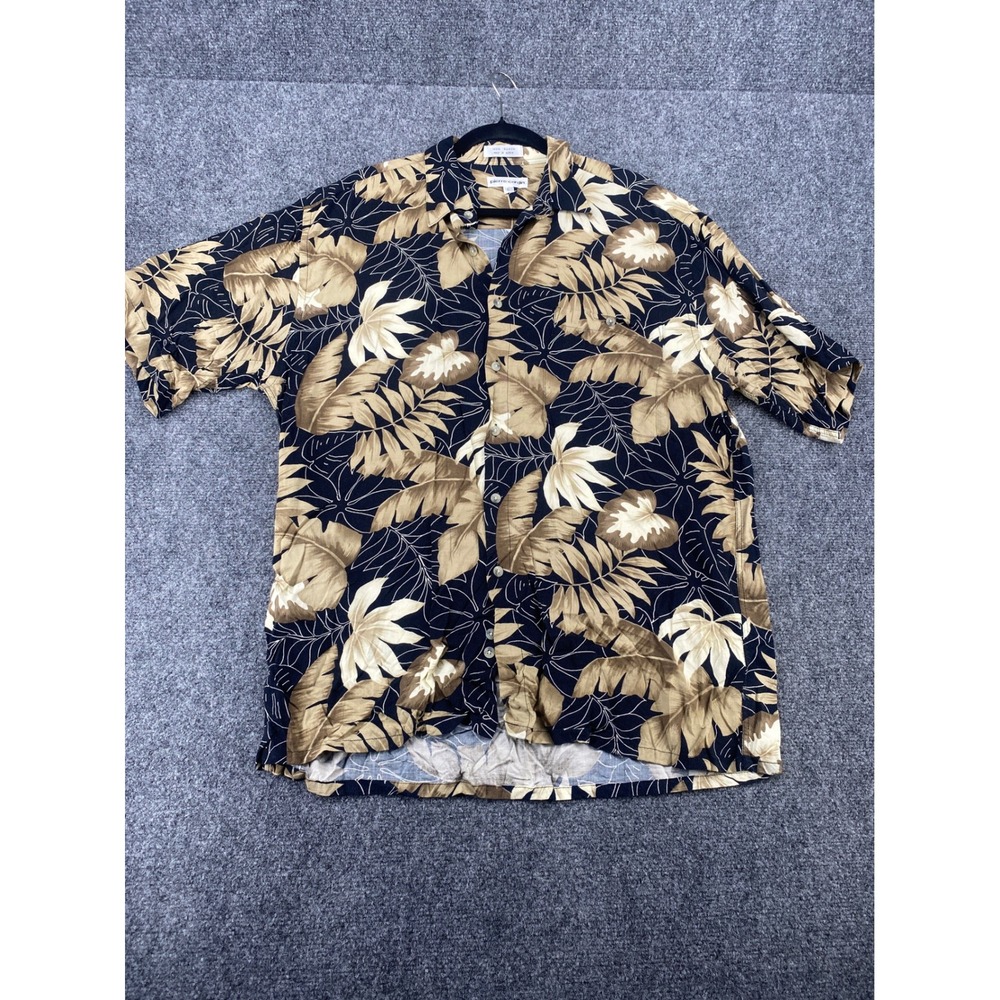 Pierre Cardin Tropical Leaf Shirt Mens Large Black Tan Rayon Hawaiian Vacation L